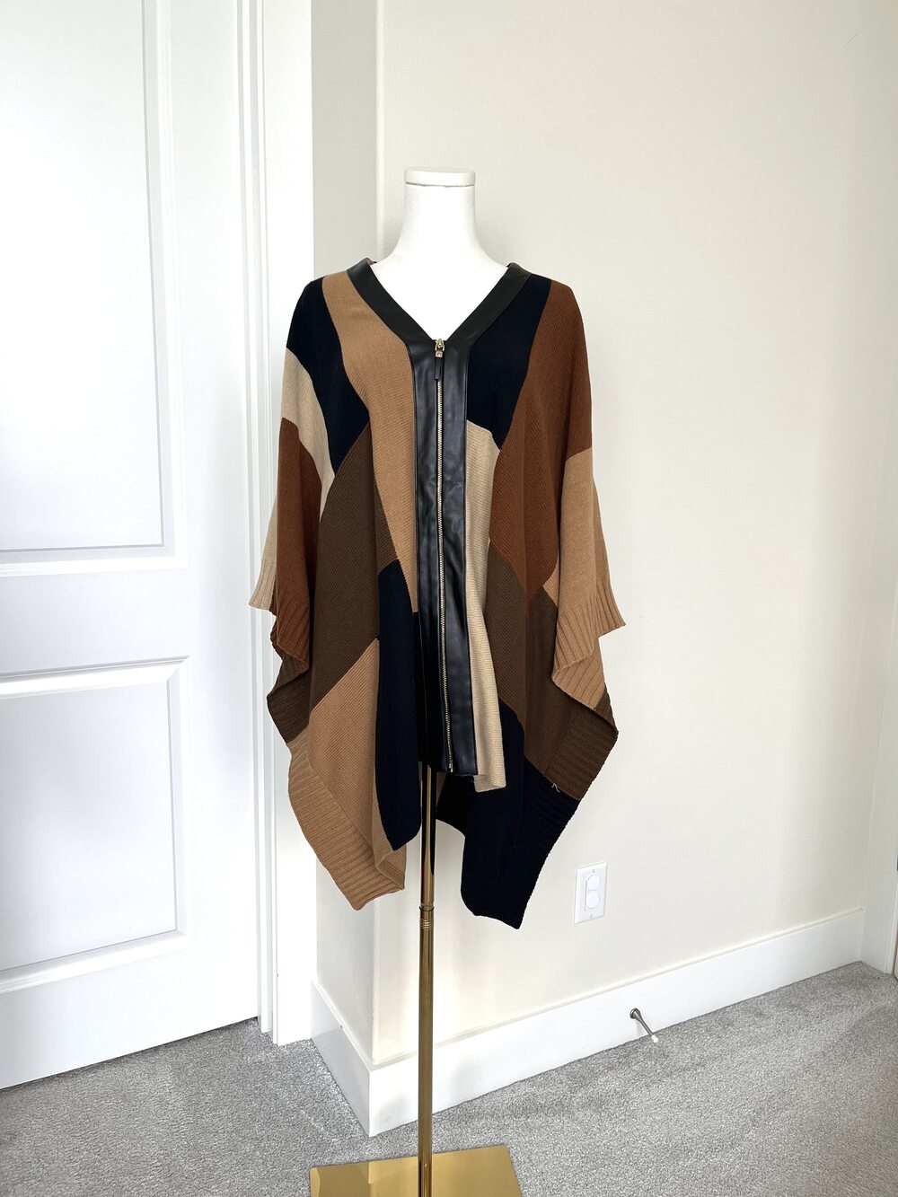 Equestrian Colorblock Knit Poncho-Style Zip Sweater Brown Leather Trim - Size XL